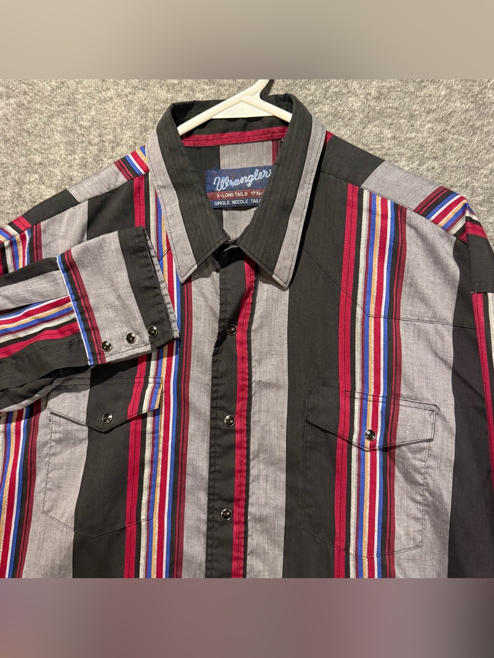 Wrangler X-Long Tails Vtg Striped Pearl Snap Western Shirt Men 17.5-35 Red Black